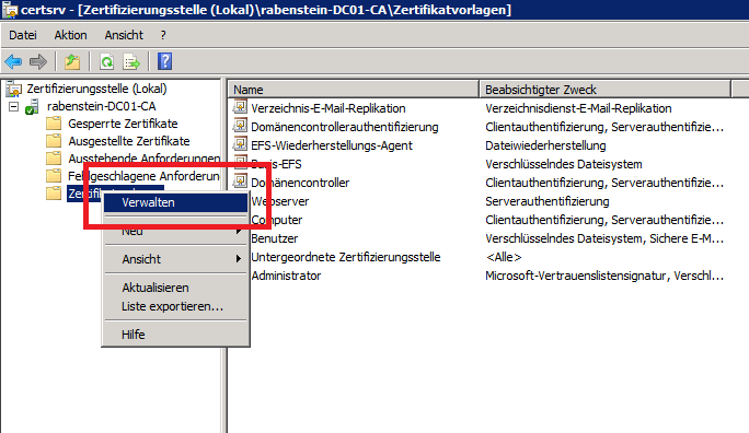 CA 01: Zertifikatsvorlagen