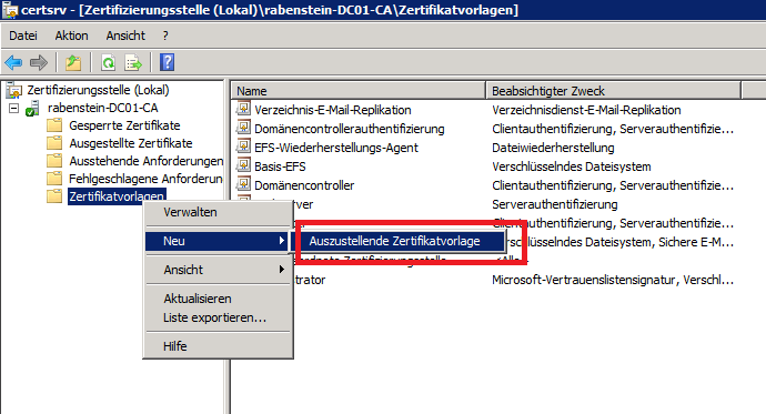 CA 06: Zertifaktsvorlage aktivieren