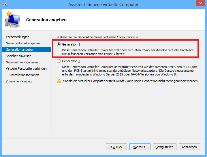 Abbildung 2: Auswahl des VM-Typs: Generation 1