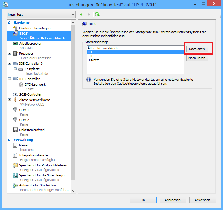 Abbildung 6: Boot-Reihenfolge der VM anpassen