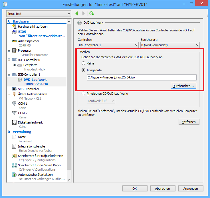 Abbildung 7: ISO-Image in VM einbinden