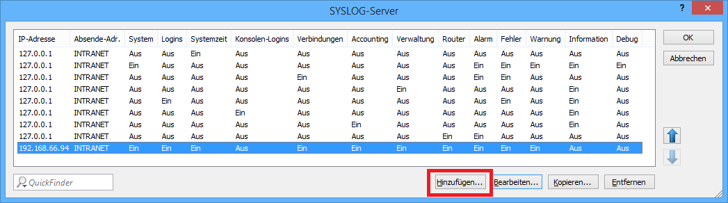 Abbildung 2: Neuen, entfernten Syslog-Server hinzufügen