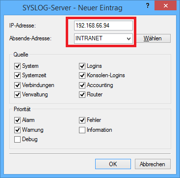 Abbildung 3: Generelle Informationstypen für den Syslog-Server festlegen
