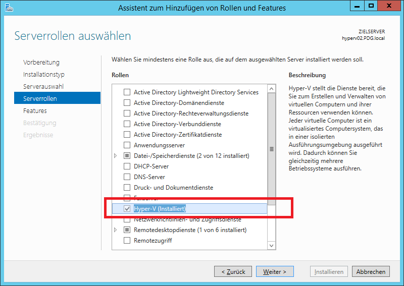 Abbildung 1: Rollenbasierte Installation von Hyper-V zwecks Vorlagenerstellung