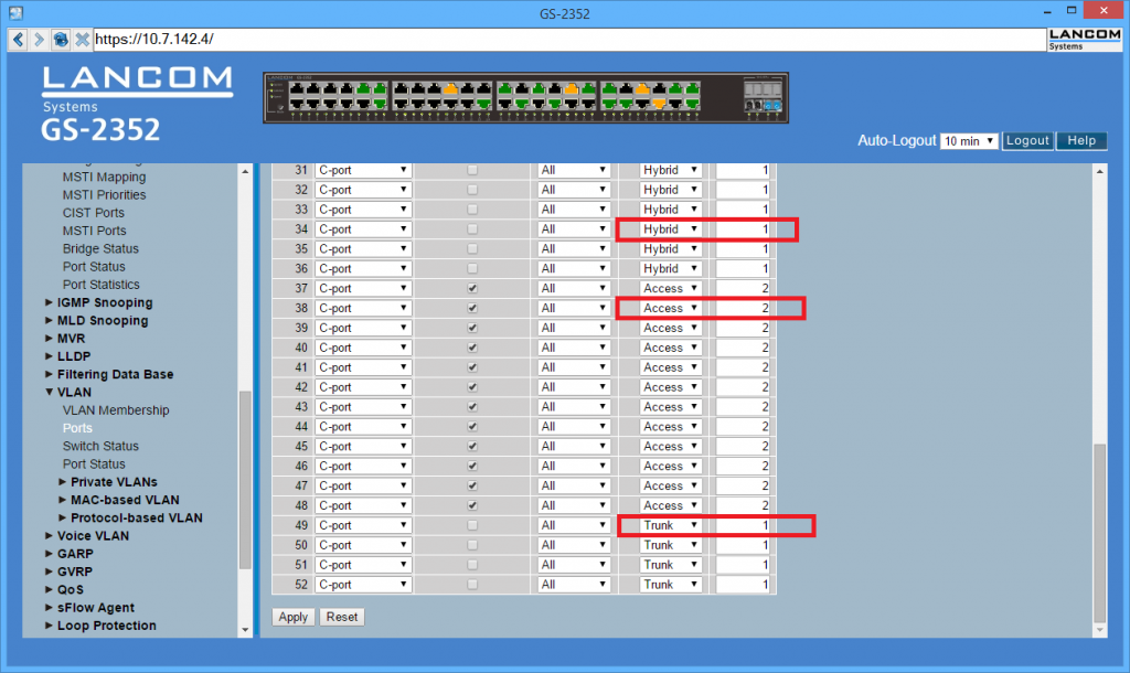 Abbildung 3: LANcom Switch VLAN-Tagging
