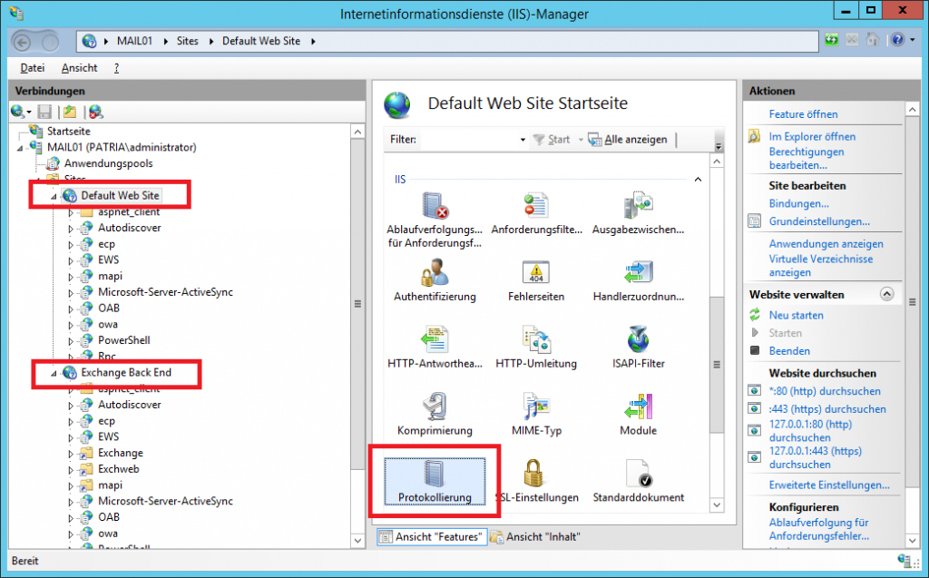 Abbildung 1: IIS-Manager aufrufen und Protokollierung konfigurieren