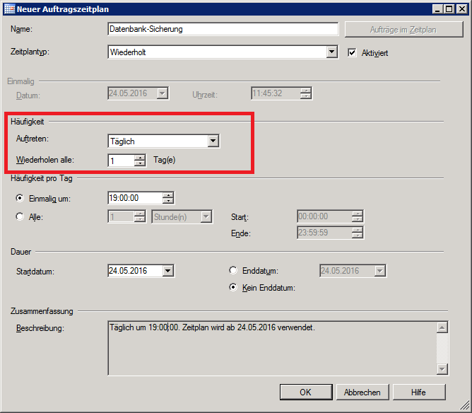 Abbildung 4: SQL Wartungsplanungs-Assistent Zeitplan
