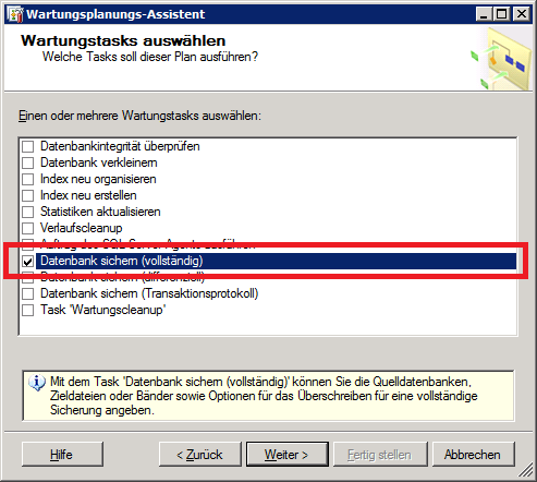 Abbildung 5: SQL Wartungsplanungs-Assistent Aufgaben