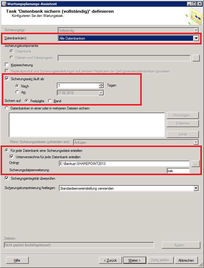 Abbildung 6: SQL Wartungsplanugns-Assistent Zieldatenbanken