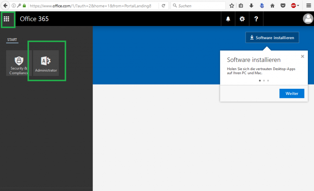 Abbildung 2: Office.com - zur Administration wechseln