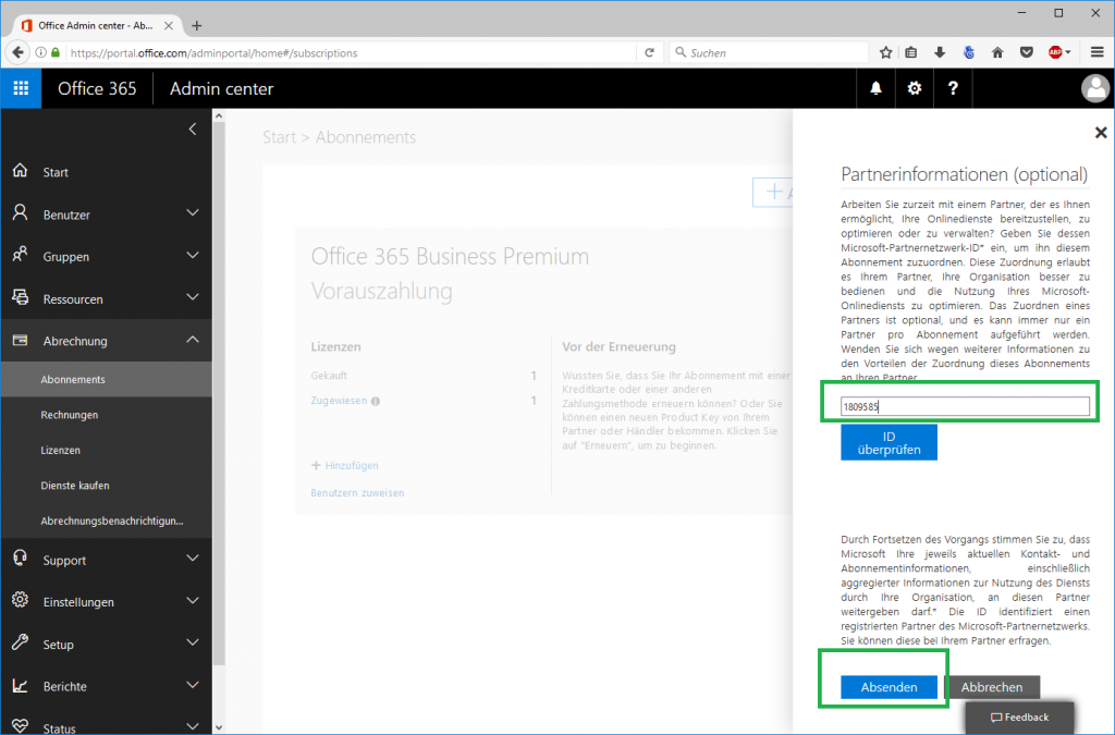 Abbildung 4: Unsere Partner-of-Record-ID hinterlegen (1809585)