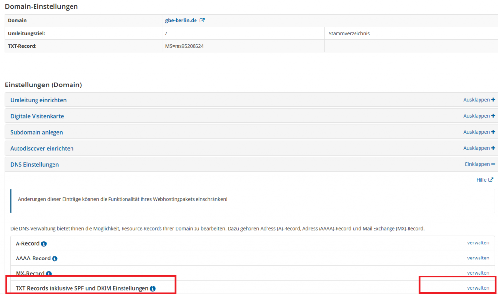 Abbildung 4: Strato TXT-Records verwalten