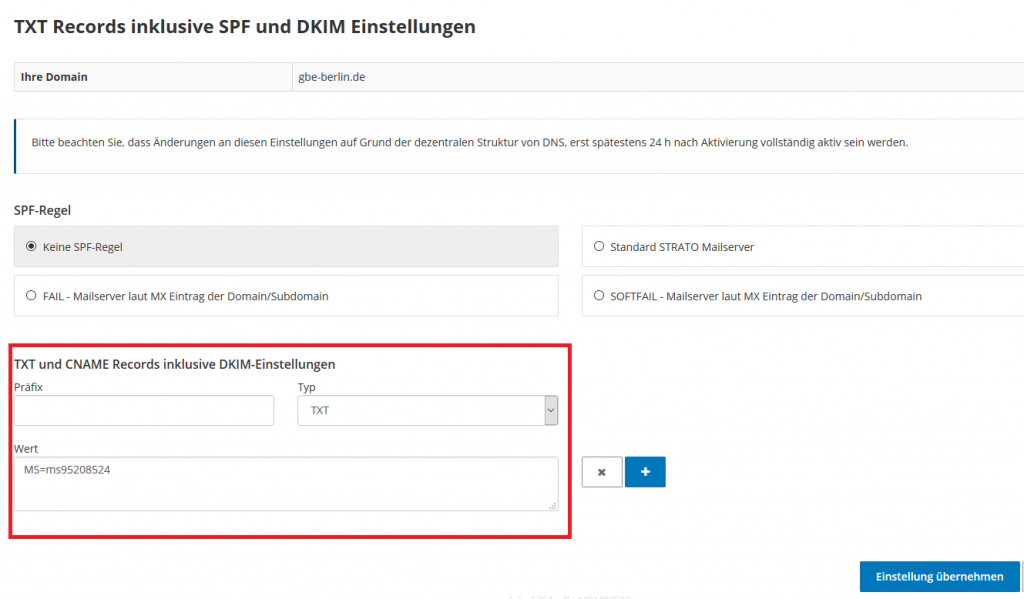 Abbildung 5: Strato TXT-Record anlegen