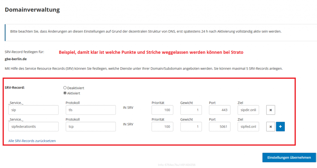 Abbildung 9: Strato SRV-Records hinterlegen