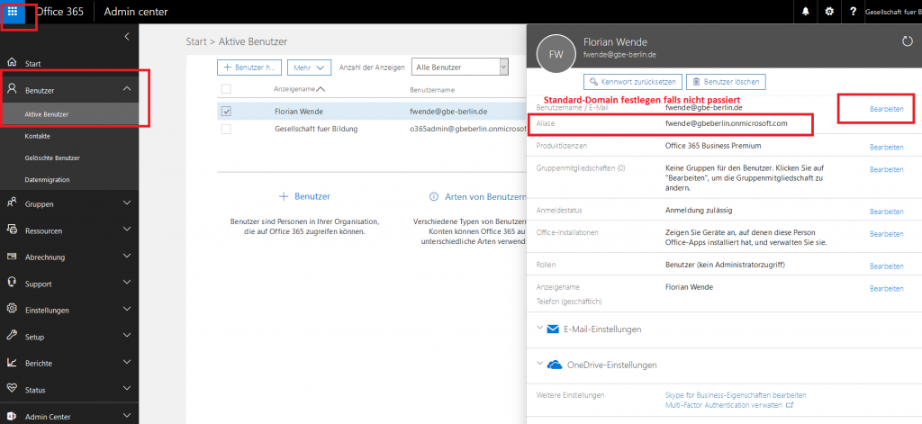 Abbildung 10: Office 365 Postfach bearbeiten
