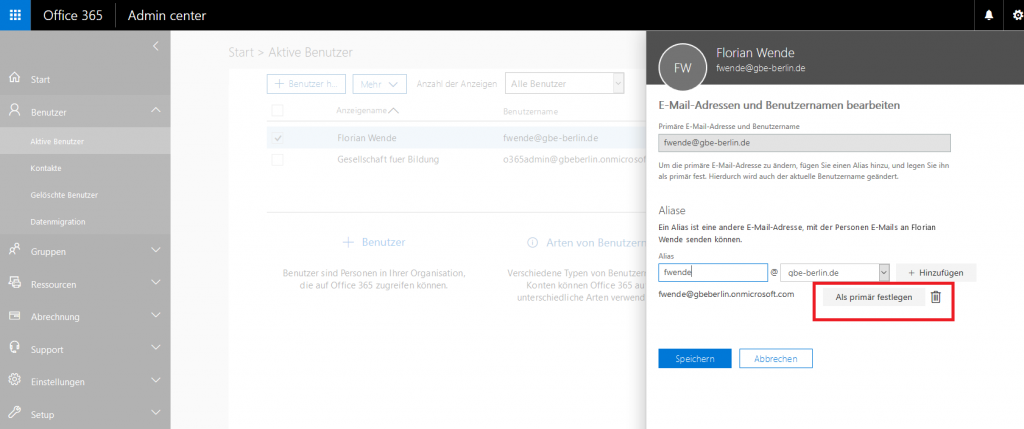 Abbildung 11: Office 365 Postfach - Primäre Adresse festlegen