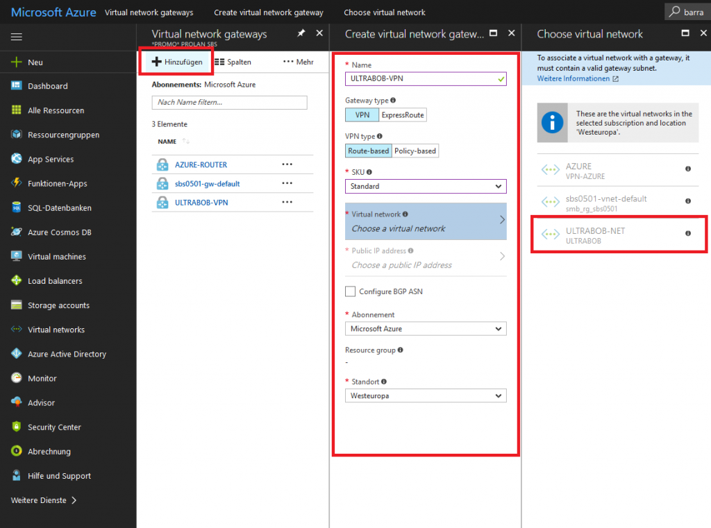 Abbildung 2: Azure Virtual network Gateway