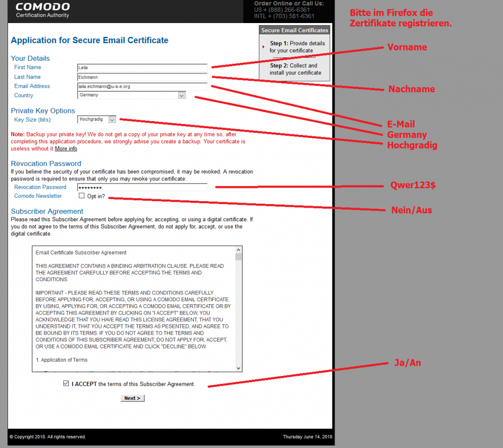 Abbildung 1: COMODO-Zertifikat registrieren