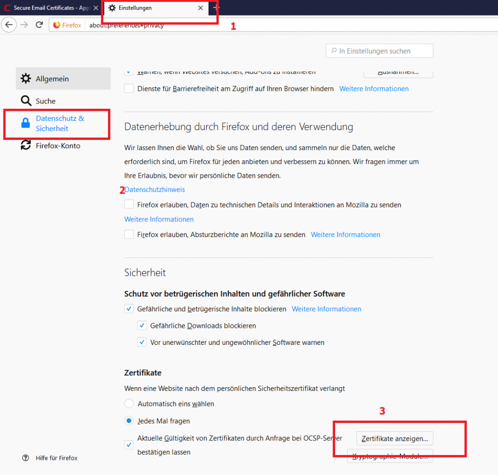 Abbildung 4: Zertifikate im Firefox anzeigen