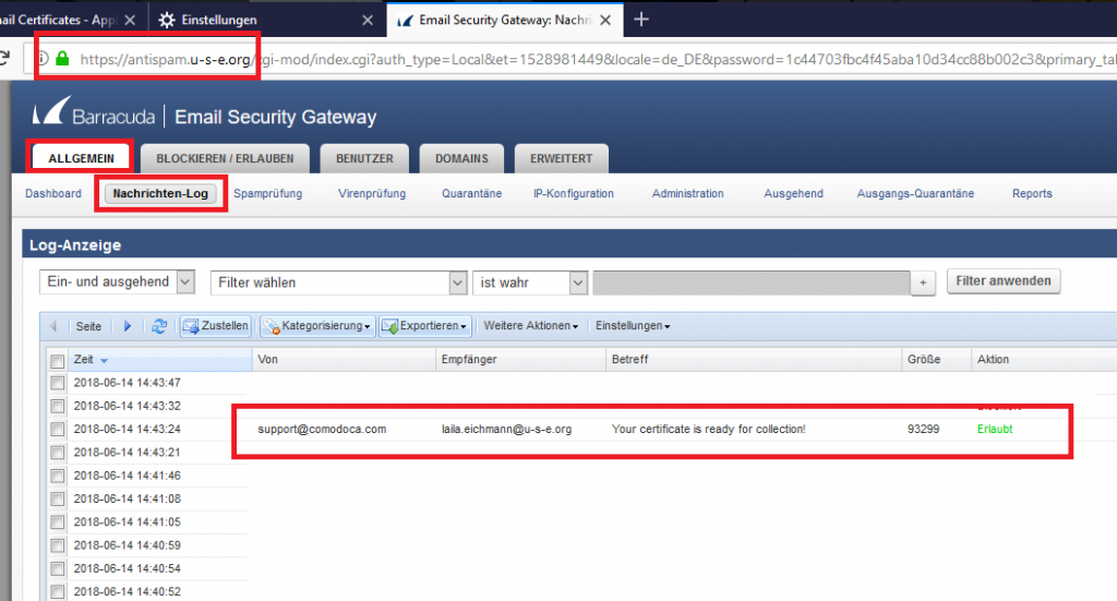 Abbildung 2: COMODO-Mail aus der Barracuda filtern & öffnen